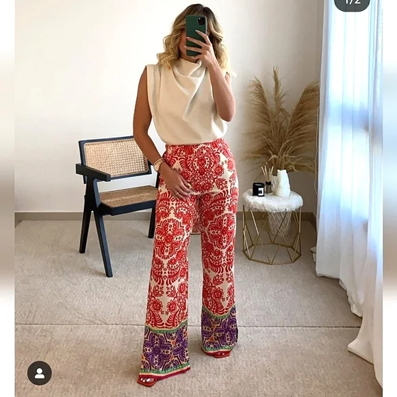 Zara * satin red printed wide leg pants Size XS - Picture 2 of 13